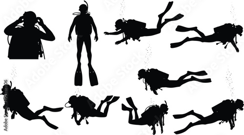 Set of black scuba diver silhouettes, deep sea underwater swimming explorers, professional diving equipment and snorkeling icons isolated on white background, vector