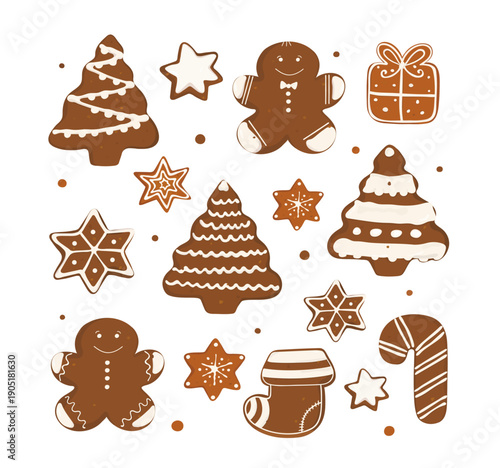 Set of cartoon Christmas Gingerbread cookies. Cute Christmas food vector hand drawn illustration of holiday icons isolated on white background.