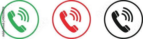 Incoming phone call icon set in green, red, and black circular frames, communication and contact vector symbols