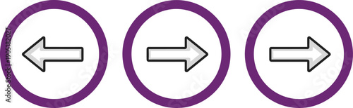 Left and right arrow navigation icons inside purple circular buttons, minimal direction and interface vector symbols set