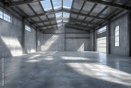 Wallpaper Mural Empty industrial warehouse interior with concrete floor and steel structure ceiling illuminated by natural light through large windows creating calm atmosphere Torontodigital.ca