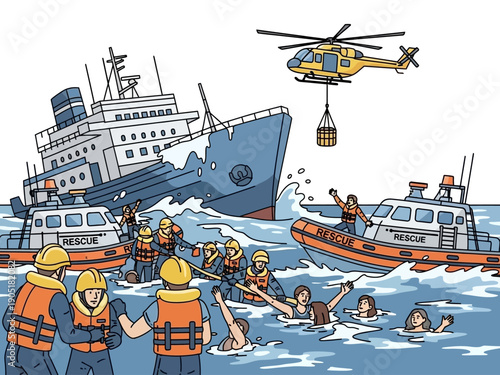 Maritime Rescue Operation People Saved from Sinking Ship.