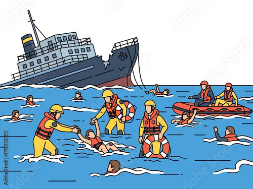 Rescue operation at sea with people saving drowning individuals.