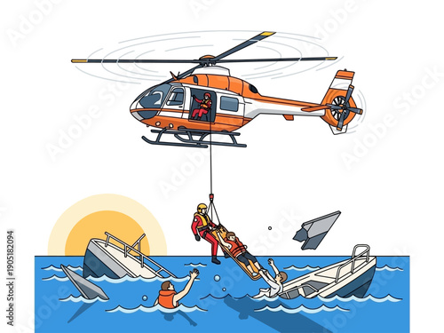 Helicopter rescue operation in the sea with a person being lifted.