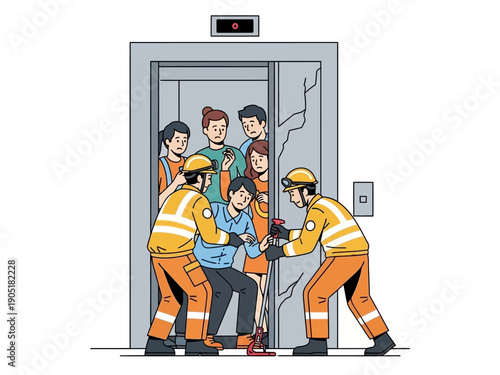 Rescuers help people stuck in a broken elevator.