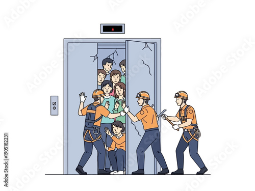 Rescue workers save people trapped in a broken elevator.