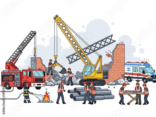 Construction and Emergency Services Working Together at a Site.