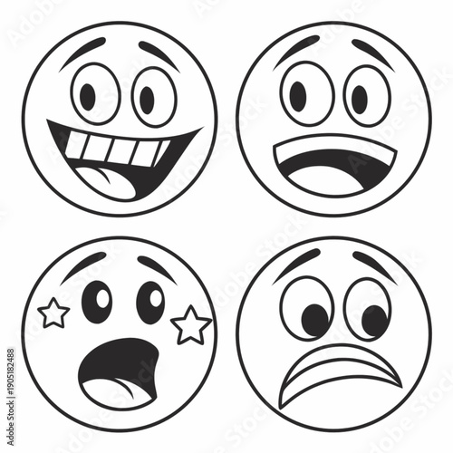 Diverse Emoji Expressions: A compilation of four diverse emoji faces, each portraying a unique emotion: joy, shock, worry, and surprise, capturing a spectrum of human feelings