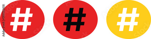 Hashtag symbol icon set in red and yellow circular buttons, social media tag and trending topic vector design