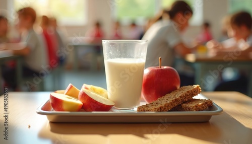 Children eat balanced lunch with milk apple granola bar in school cafeteria. Healthy meal, student nourishment, food tray on wooden table. Young kids eating, midday break, education.