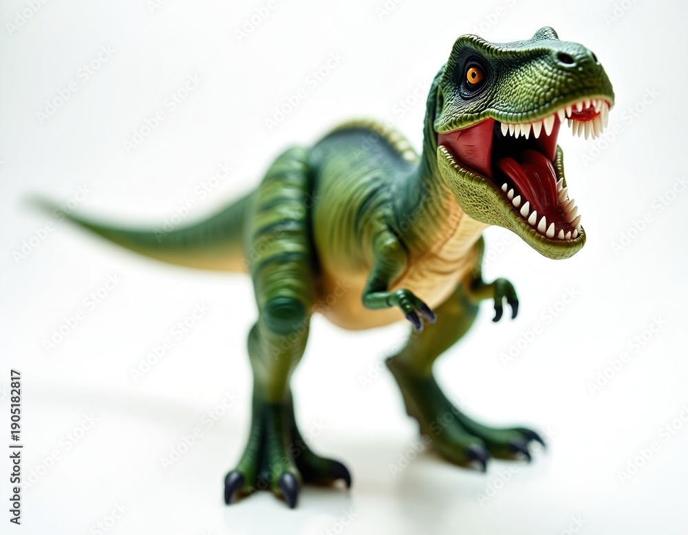 Fototapeta premium Green plastic dinosaur toy stands on white background. This detailed creature has open mouth showing sharp teeth and red tongue. Realistic toy for kids.
