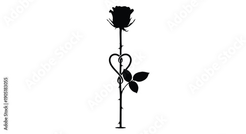 Black silhouette of a rose with heart shaped stem and leaves on white background symbolizing love and romance in a minimalist design