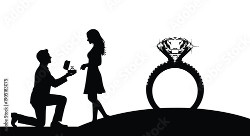 Man proposing to woman with diamond ring silhouette illustration romantic gesture on one knee
