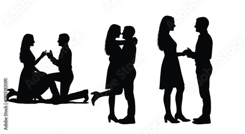 Silhouettes of romantic couples in various intimate moments proposals and affectionate gestures on white background
