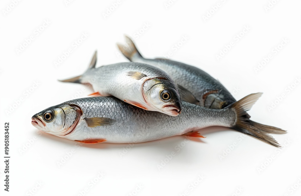 Fototapeta premium Three raw silver barb fish piled on a clean white surface. These uncooked, whole fish are ready for preparation or cooking. Ideal for food blogs recipes or market displays.
