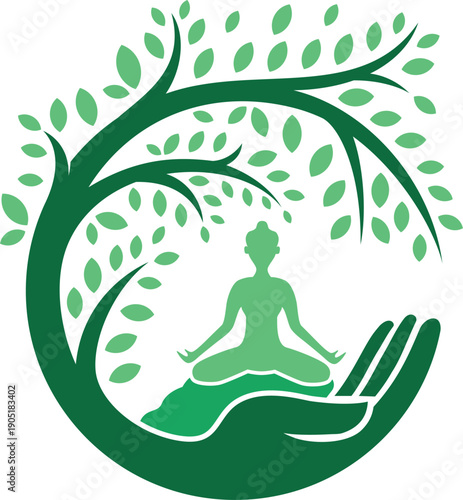 Green hand tree meditation wellness logo