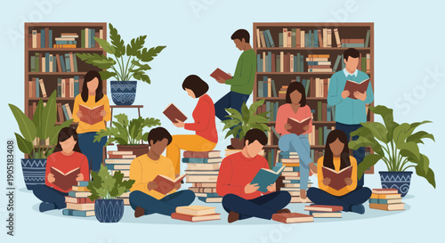 Diverse people reading books in library surrounded by plants