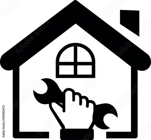 Black and white home repair logo design featuring a house hand and wrench icon