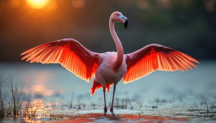 Pink flamingo stands in shallow water, wings spread wide displaying vibrant glowing feathers. Bird poses gracefully at sunset or sunrise with warm golden light illuminating wetland flora.