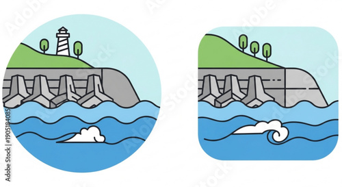 Coastal cliffside with lighthouse and wave crashing against breakwaters in ocean