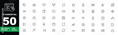 UI Essential Line Icon Set. Editable stroke icons for universal interface design. Featuring home, navigation arrows, search, security locks, email, camera, and social media symbols for mobile & web.