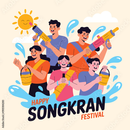 A group of people celebrating the Songkran festival with water splashes and water guns happy celebration