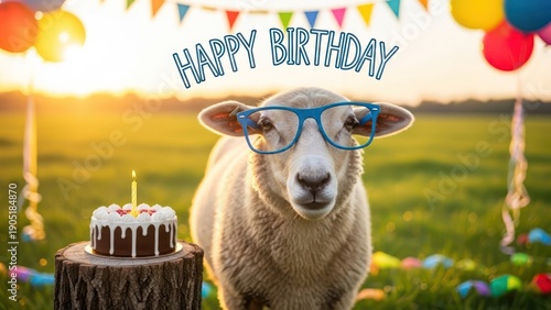 Whimsical birthday celebration featuring a sheep with glasses and celebratory party decor in a