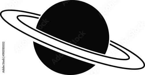 Planet with rings silhouette icon resembling Saturn, minimalist black and white vector illustration for astronomy, space, science, celestial design