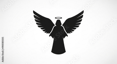 Angel silhouette with wings spread and halo on white background symbolizing protection and spirituality