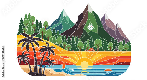 Tropical Beach Sunset Mountains Landscape Nature Illustration