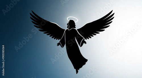 Silhouette of an angel with outstretched wings and halo against a gradient blue and white background symbolizing spirituality and freedom