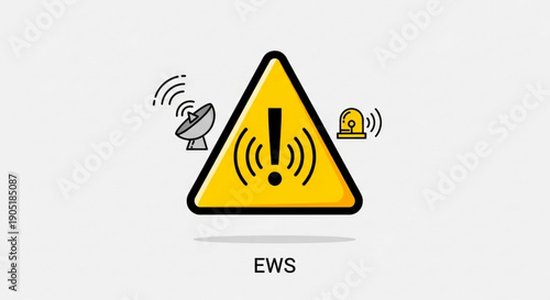 Early warning system alert sign with satellite and siren icons on white background