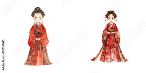 chinese red hanfu watercolor vector illustration