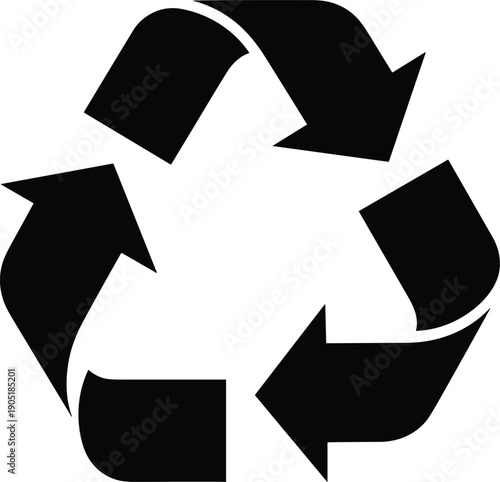 Recycling symbol icon with three arrows forming triangular loop, minimalist black and white vector illustration for sustainability, environment, reuse design