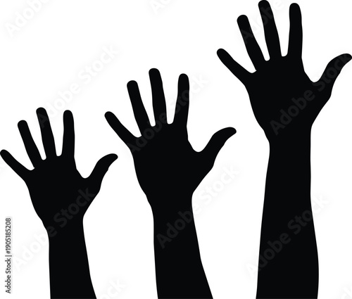 Raised hands silhouette vector illustration icon, volunteering participation symbol, unity voting graphic design for community support, teamwork cooperation concept