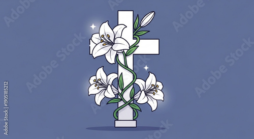 White cross with lilies on blue background symbolizing hope and spirituality with floral decoration