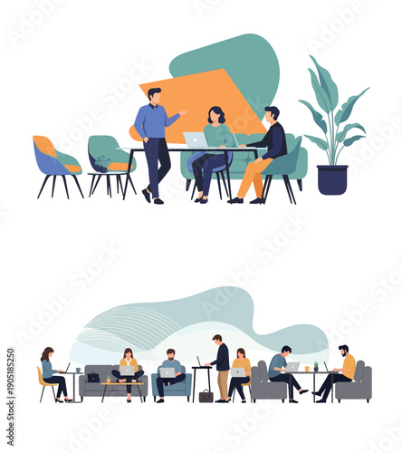 Modern Business Illustration of Professionals Collaborating in a Minimalist Office Environment from a High Viewpoint