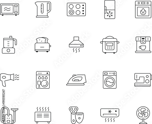 Home Appliances and Household Electronics Line Icon Set - Kitchen, Laundry, and Cleaning Equipment Vector Symbols
