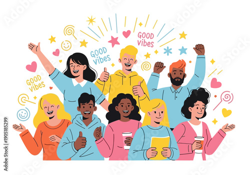 Diverse group of happy people celebrating good vibes together.