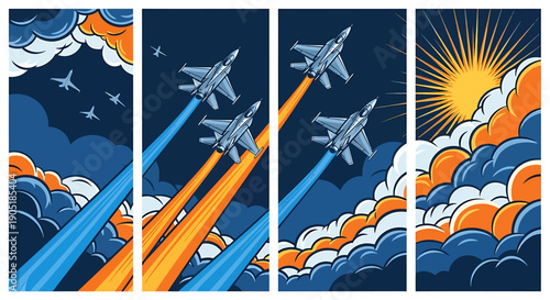 Military jets flying in formation leaving trails against cloudy sky with sun