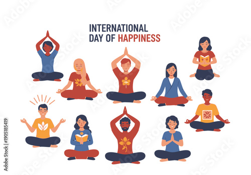 Diverse people meditating together celebrating International Day of Happiness.