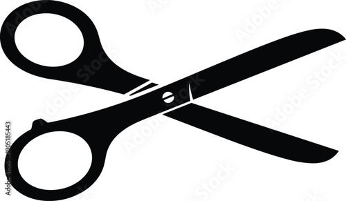 Scissors silhouette icon in open position with blades crossing, minimalist black and white vector illustration for cutting, craft, tool design