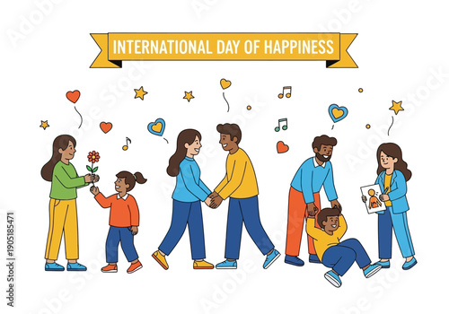 Diverse group of people celebrating International Day of Happiness together.