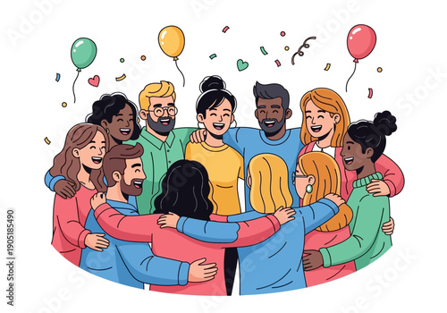 Diverse group of friends hugging together in a circle.