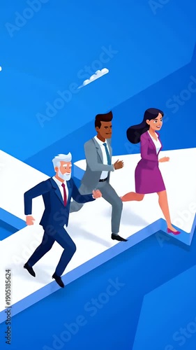 Business People Running Forward on Blue Arrow Path
