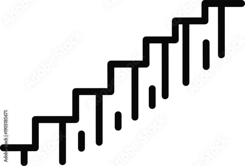 Staircase progression icon with geometric bars, minimalist black and white vector illustration representing growth, hierarchy, development, sequential stages design