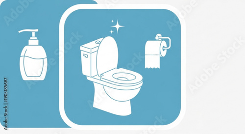 Clean bathroom icons with toilet soap dispenser and towel on blue background for hygiene and sanitation concepts