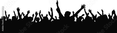 Silhouette of Cheering Crowd with Raised Hands at Music Concert Festival Event or Sports Stadium Celebration Isolated on White Background for Graphic Design Projects