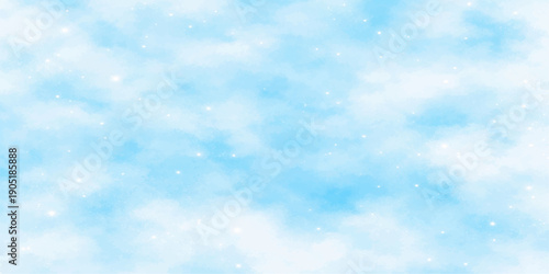 A bright and beautiful clear blue sky background features fluffy white clouds and soft bokeh light, creating a natural abstract atmosphere of sunny summer heaven