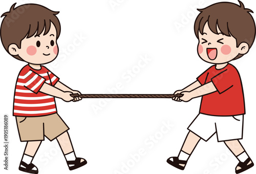 Two boys playing tug of war game isolated on white background happy childhood competition cartoon vector illustration
